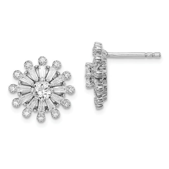 925 Sterling Silver Rhodium-plated Cubic Zirconia ( CZ ) Baguette Snowflake Post Earrings,