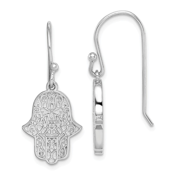 925 Sterling Silver Rhodium-plated Filigree Hamsa Dangle Hook Earrings,