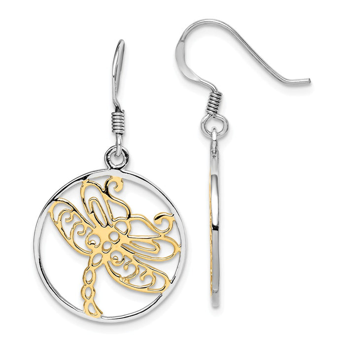925 Sterling Silver Rhodium-plated Gold Tone Dragonfly Dangle Earrings,