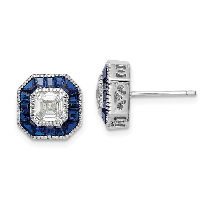 925 Sterling Silver Rhodium-plated Synthetic Blue Spinel & Cubic Zirconia ( CZ ) Earrings, 10.68mm x 10.66mm