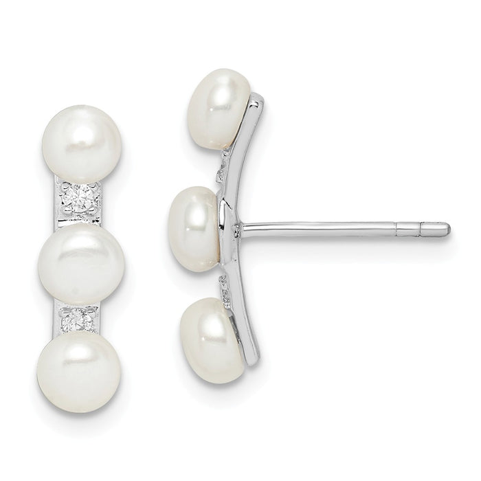 925 Sterling Silver Rhodium-Plated  4-5mm White Button Freshwater Cultured Pearl Cubic Zirconia ( CZ ) Earrings, 16.8mm x 4 to 5mm