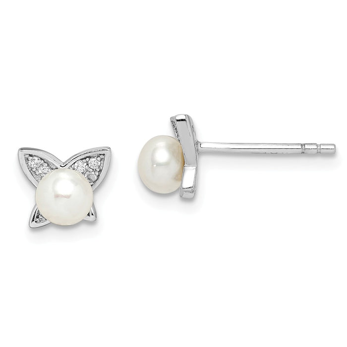925 Sterling Silver Rhodium-Plated  4-5mm White Button Freshwater Cultured Pearl Cubic Zirconia ( CZ ) Earrings, 6.8mm x 7.75mm