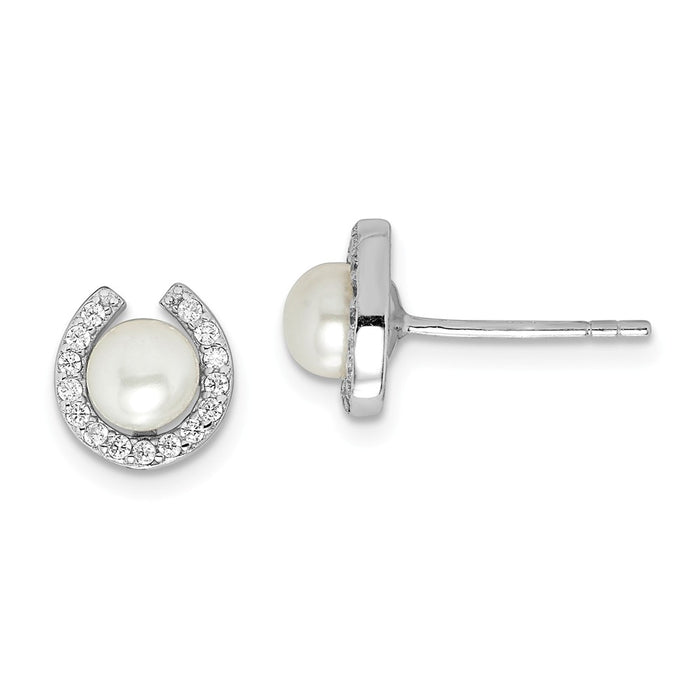 925 Sterling Silver Rhodium-Plated  5-6mm White Button Freshwater Cultured Pearl Cubic Zirconia ( CZ ) Earrings, 8.4mm x 8.3mm