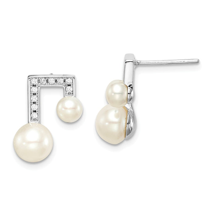 925 Sterling Silver Rhodium-Plated  6-7mm White Button Freshwater Cultured Pearl Cubic Zirconia ( CZ ) Earrings, 15.25mm x 12.1mm