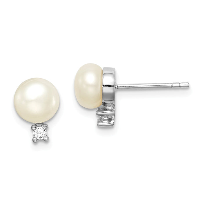 925 Sterling Silver Rhodium-Plated  6-7mm White Button Freshwater Cultured Pearl Cubic Zirconia ( CZ ) Earrings, 9.78mm x 6.51mm