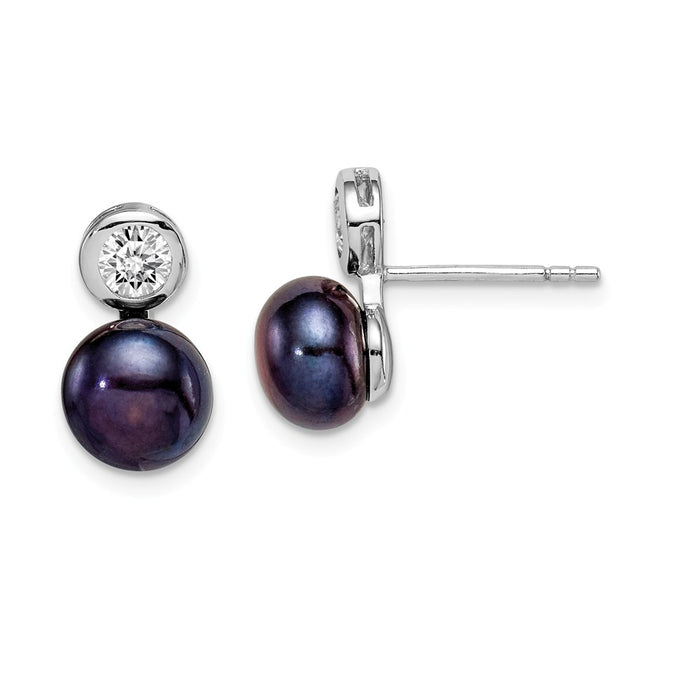 925 Sterling Silver Rhodium-Plated  7-8mm Black Button Freshwater Cultured Pearl Cubic Zirconia ( CZ ) Earrings, 13.58mm x 6.99mm