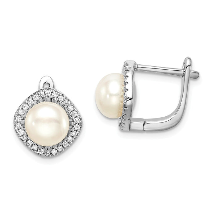 925 Sterling Silver Rhodium-Plated  7-8mm White Button Freshwater Cultured Pearl Cubic Zirconia ( CZ ) Earrings, 11.93mm x 11.72mm
