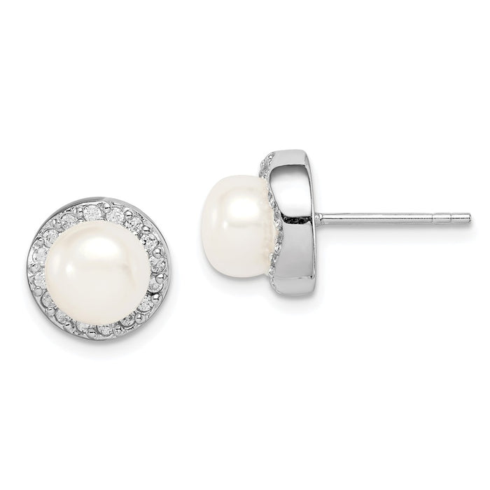 925 Sterling Silver Rhodium-Plated  7-8mm White Button Freshwater Cultured Pearl Cubic Zirconia ( CZ ) Earrings, 9.95mm x 9.85mm