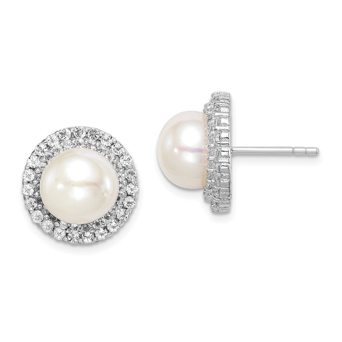 925 Sterling Silver Rhodium-Plated  8-9mm White Button Freshwater Cultured Pearl Cubic Zirconia ( CZ ) Earrings, 14.15mm x 14.15mm