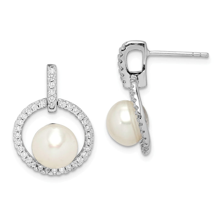925 Sterling Silver Rhodium-Plated  8-9mm White Button Freshwater Cultured Pearl Cubic Zirconia ( CZ ) Earrings, 20.25mm x 14.26mm