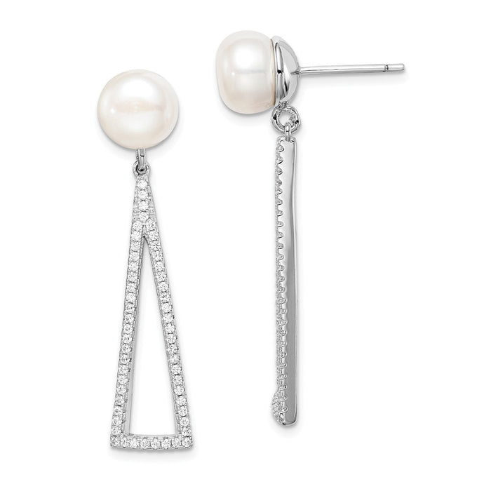 925 Sterling Silver Rhodium-Plated  8-9mm White Button Freshwater Cultured Pearl Cubic Zirconia ( CZ ) Earrings, 40mm x 8.6mm