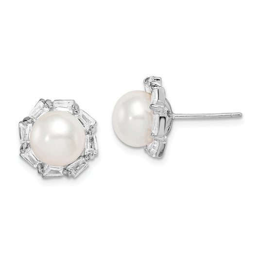 925 Sterling Silver Rhodium-Plated  8-9mm White Button Freshwater Cultured Pearl Cubic Zirconia ( CZ ) Earrings, 12.07mm x 12.07mm