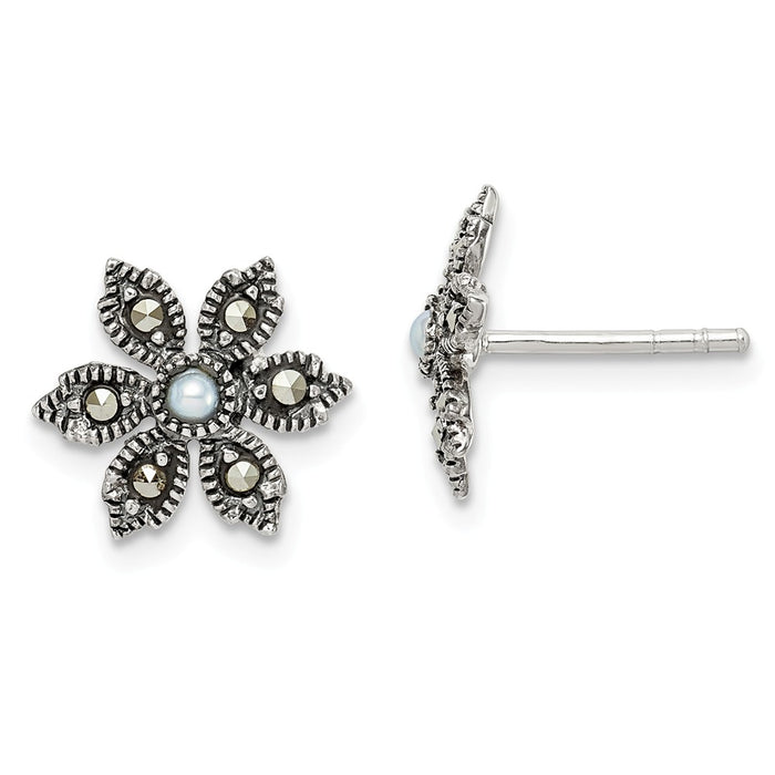 925 Sterling Silver Antiqued Marcasite & Freshwater Cultured Pearl Flower Post Earrings,