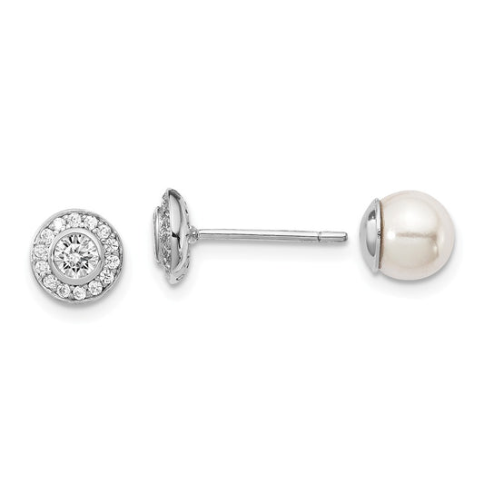 925 Sterling Silver Rhodium-Plated MOP Bead/Cubic Zirconia ( CZ ) Reversible Post Earrings,