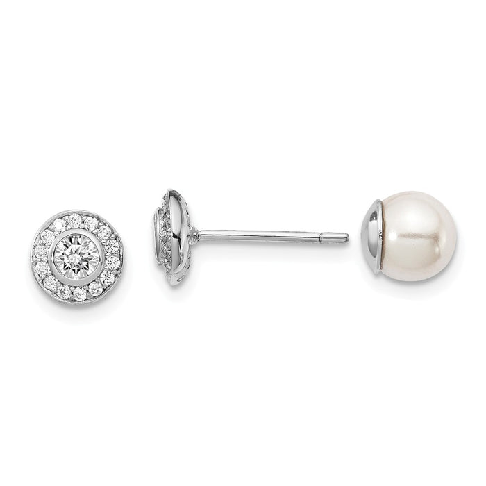 925 Sterling Silver Rhodium-Plated MOP Bead/Cubic Zirconia ( CZ ) Reversible Post Earrings,