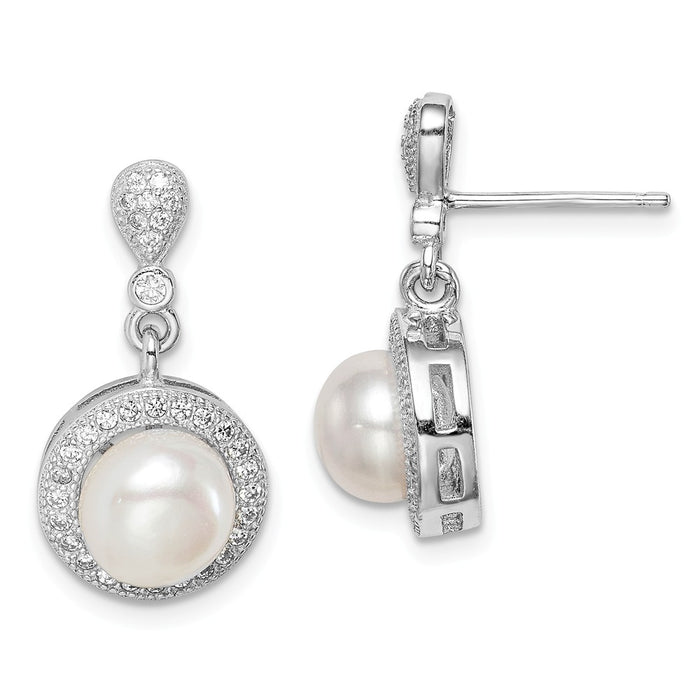 925 Sterling Silver Rhodium-Plated ed 8 Imitation Shell Pearl Cubic Zirconia ( CZ ) Post Earrings,