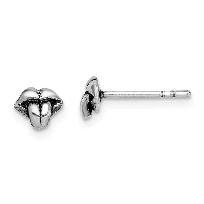 925 Sterling Silver Rhodium-plated Antiqued Lips & Tongue Post Earrings,