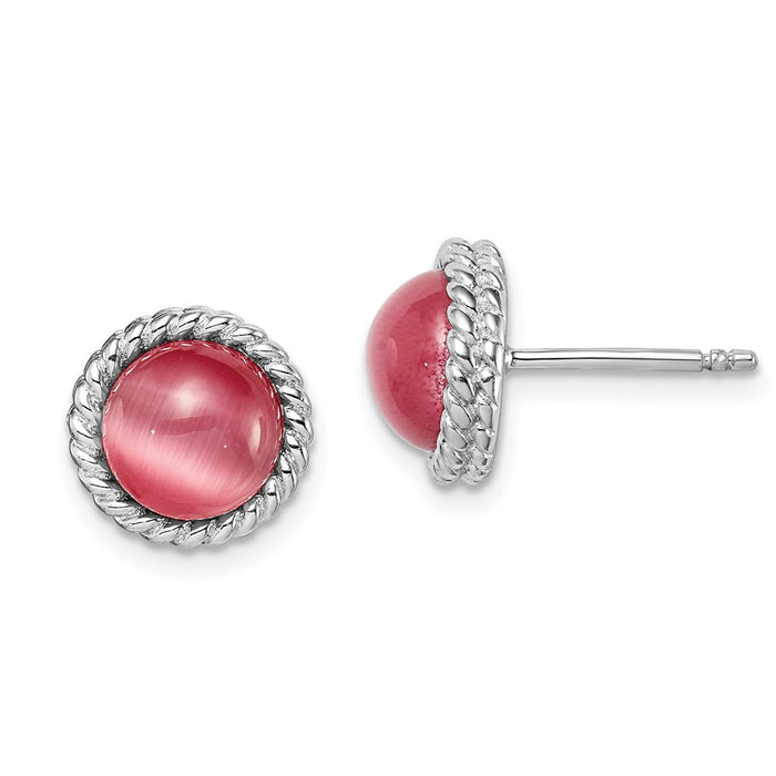 925 Sterling Silver Rhodium-plated Created Pink Cat's Eye Post Earrings,