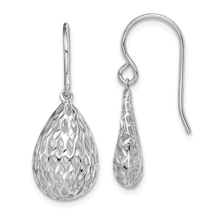 925 Sterling Silver Rhodium-plated Diamond-Cut Hollow Tear Drop Dangle Earrings,