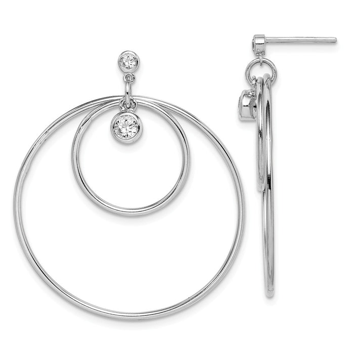 925 Sterling Silver Rhodium-plated Double Hoop with Bezel Cubic Zirconia ( CZ ) Post Earrings,