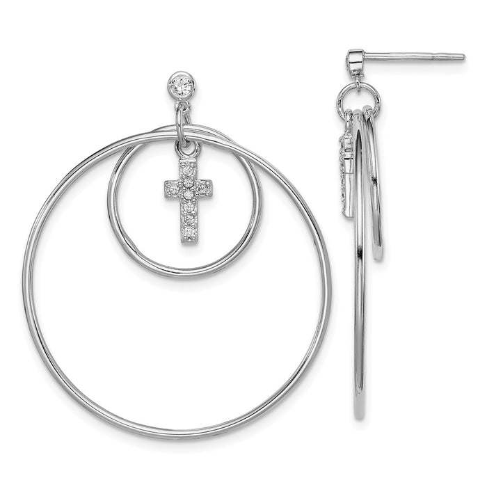 925 Sterling Silver Rhodium-plated Double Hoop with Cubic Zirconia ( CZ ) Cross Post Earrings,