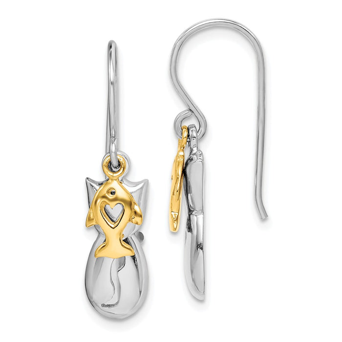 925 Sterling Silver Rhodium-plated Gold Tone Cat & Fish Dangle Earrings,