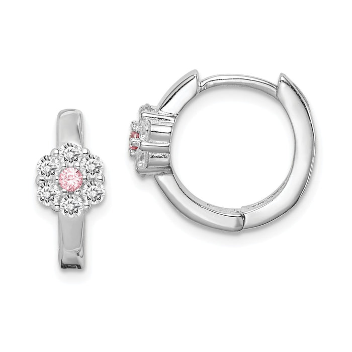 925 Sterling Silver Rhodium-plated Pink & White Cubic Zirconia ( CZ ) Flower Hoop Earrings,