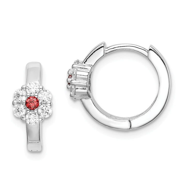 925 Sterling Silver Rhodium-plated Red & White Cubic Zirconia ( CZ ) Flower Hoop Earrings,