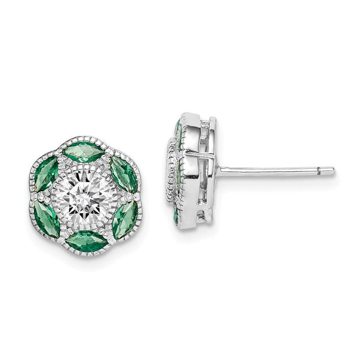 925 Sterling Silver Rhodium-plated Lab Cr. Green Spinel & Cubic Zirconia ( CZ ) Earrings, 10.5mm x 10.5mm