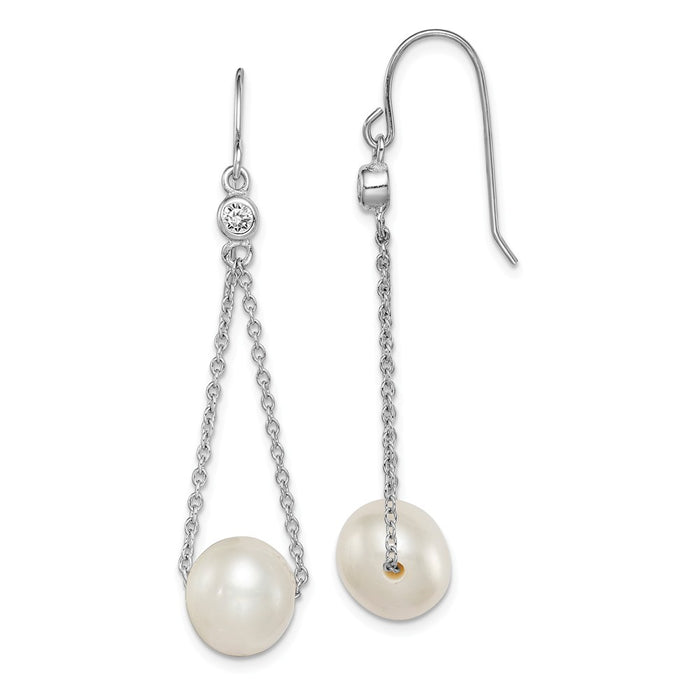 925 Sterling Silver Rhodium-Plated  9-10mm White Freshwater Cultured Pearl Cubic Zirconia ( CZ ) Dangle Earrings, 39mm x 8.78mm