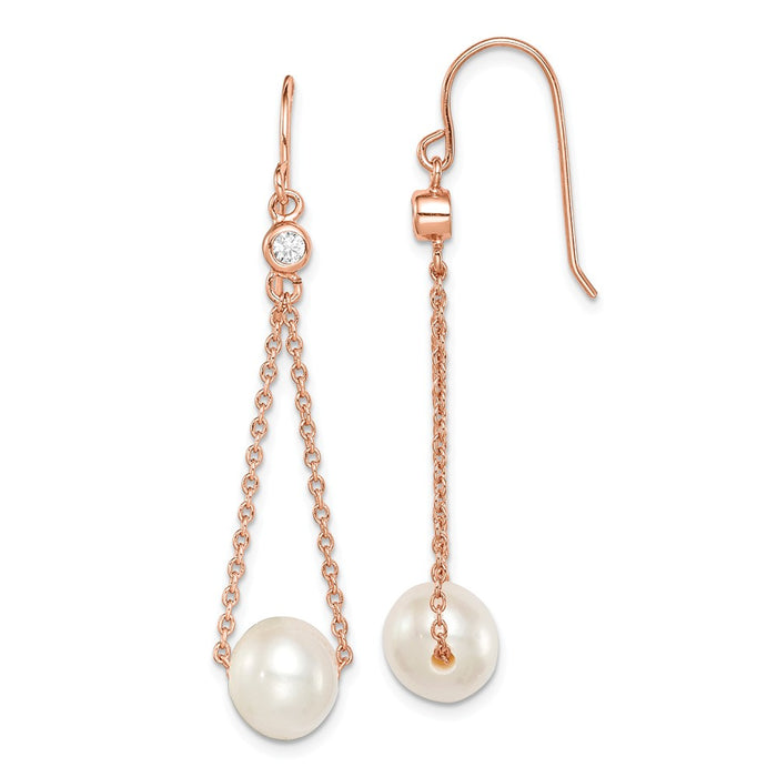 Sterling Silver Rose-tone 18k Flash-pl 8-9mm Freshwater Cultured Pearl Cubic Zirconia ( CZ ) Dangle Earrings, 47mm x 8 to 9mm