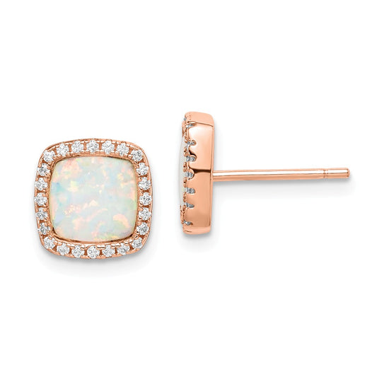 925 Sterling Silver Rose-Tone Square Created Opal Cubic Zirconia ( CZ ) Halo Post Earrings, 9.2mm x 9.05mm
