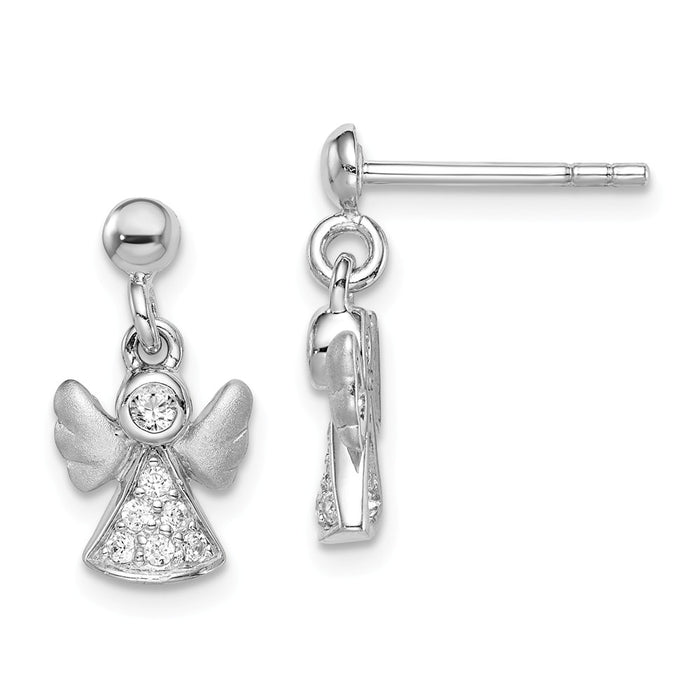 925 Sterling Silver Rhodium-plated Brushed Cubic Zirconia ( CZ ) Angel Dangle Post Earrings,
