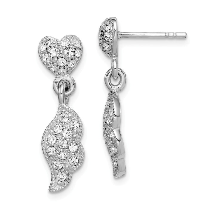 925 Sterling Silver Rhodium-plated Cubic Zirconia ( CZ ) Heart & Wings Dangle Post Earrings,