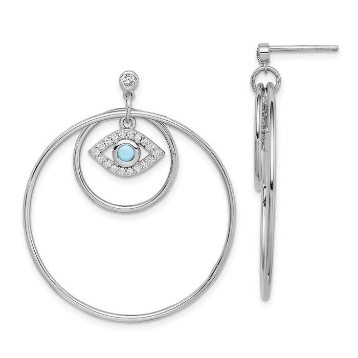 925 Sterling Silver Rhodium-plated Hoop with Cubic Zirconia ( CZ ) & Blue Crystal Eye Earrings,