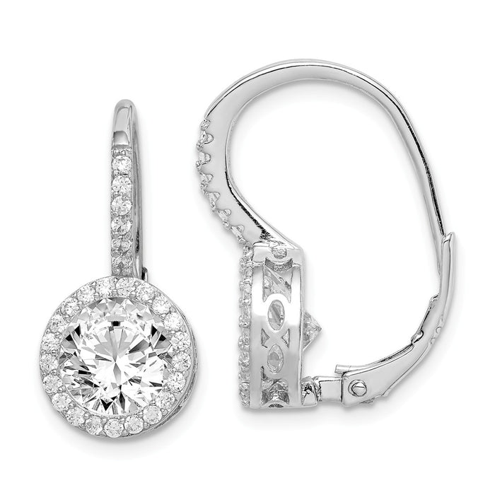925 Sterling Silver Rhodium-plated White Cubic Zirconia ( CZ ) Round Cut Leverback Earrings,