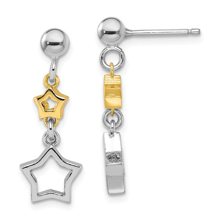 925 Sterling Silver Rhodium-plated with Yellow Tone Star Dangle Earrings,