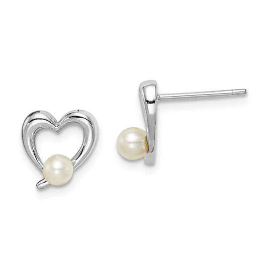 925 Sterling Silver Rhodium-Plated  3-4mm White Round Freshwater Cultured Pearl Heart Earrings, 10.25mm x 9.41mm