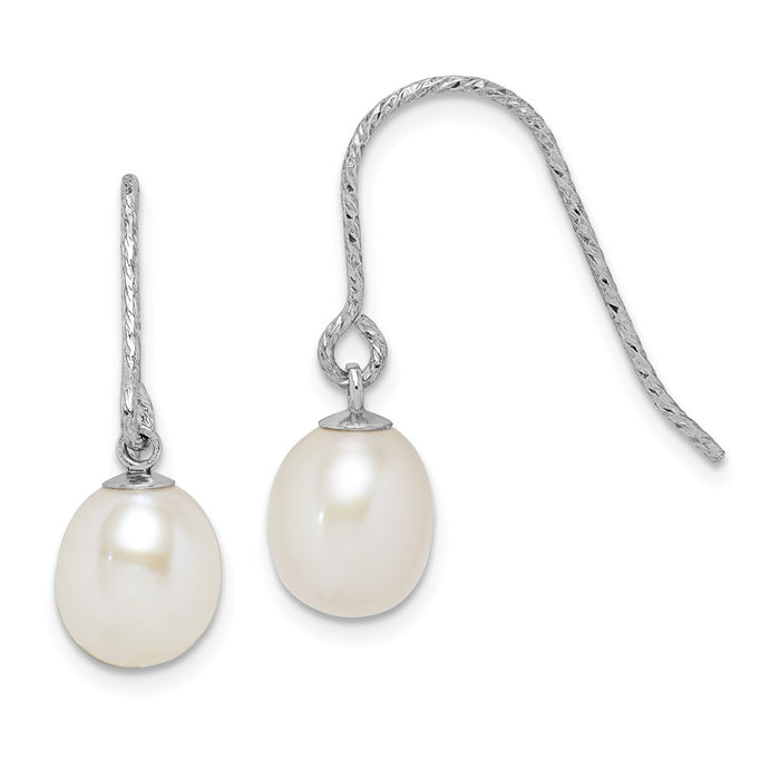 925 Sterling Silver Rhodium-Plated  6-7mm White Rice Freshwater Cultured Pearl Dangle Earrings, 22.1mm x 6 to 7mm