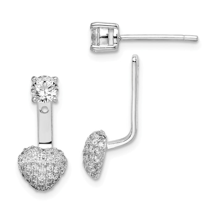 925 Sterling Silver Rhodium-Plated Cubic Zirconia ( CZ ) Dangle Heart Front & Back Earrings,