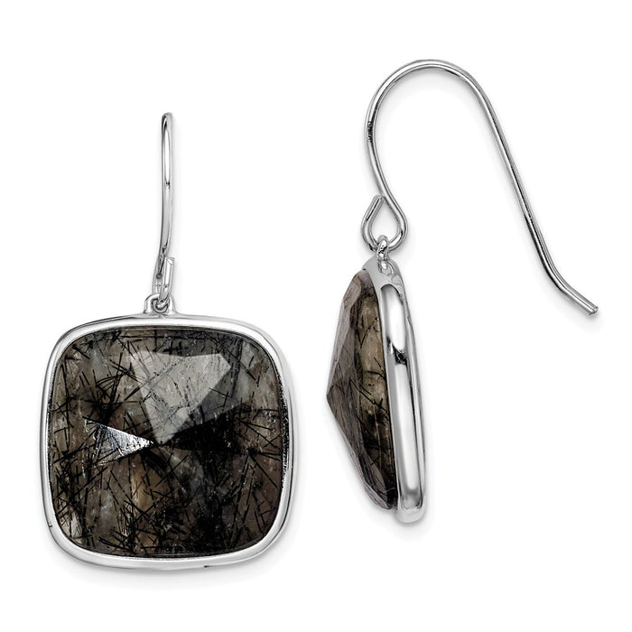 925 Sterling Silver Rhodium-plated Black Rutilated Quartz Dangle Earrings,