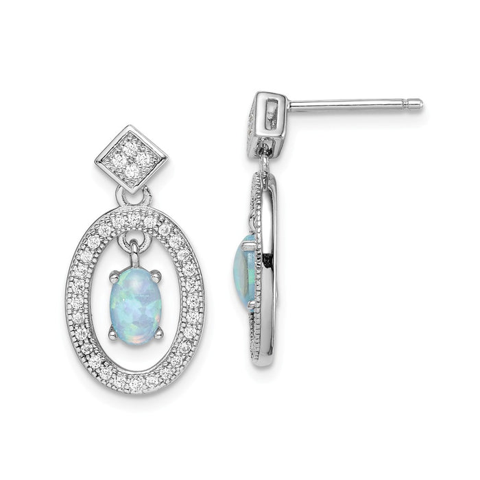 925 Sterling Silver Rhodium-plated Created Opal & Cubic Zirconia ( CZ ) Post Dangle Earrings,