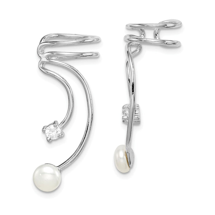 925 Sterling Silver Rhodium-plated Cubic Zirconia ( CZ ) and Freshwater Cultured Pearl Cuff Earrings,