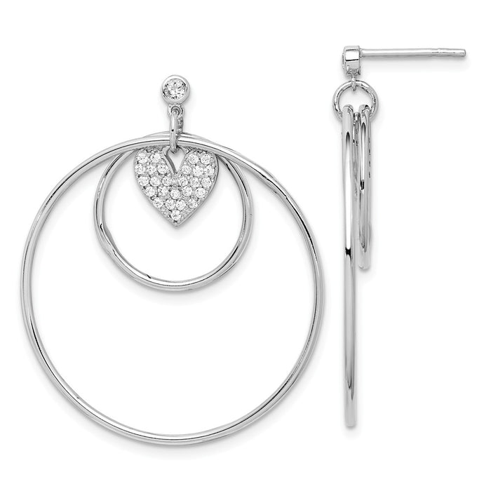 925 Sterling Silver Rhodium-plated Double Circle with Cubic Zirconia ( CZ ) Heart Post Earrings,