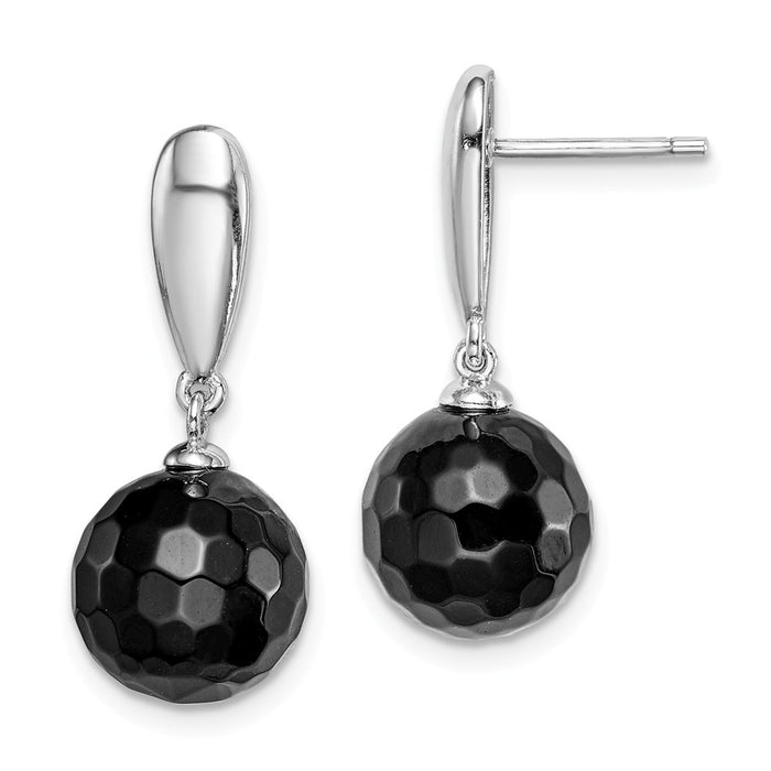 925 Sterling Silver Rhodium-plated Faceted 10mm Onyx Dangle Post Earrings, 10mm
