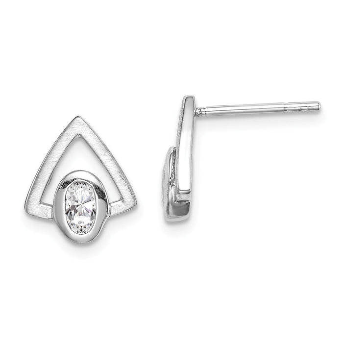 925 Sterling Silver Rhodium-plated Oval Cubic Zirconia ( CZ ) Brushed Triangle Post Earrings,