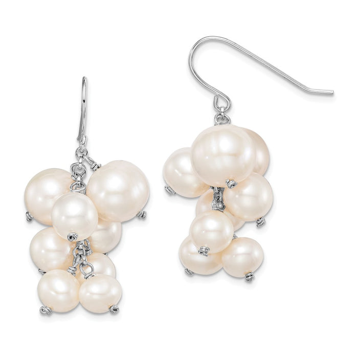 925 Sterling Silver Rhodium-Plated  6mm to 10mm White Freshwater Cultured Pearl Dangle Earrings, 37.25mm x 18mm