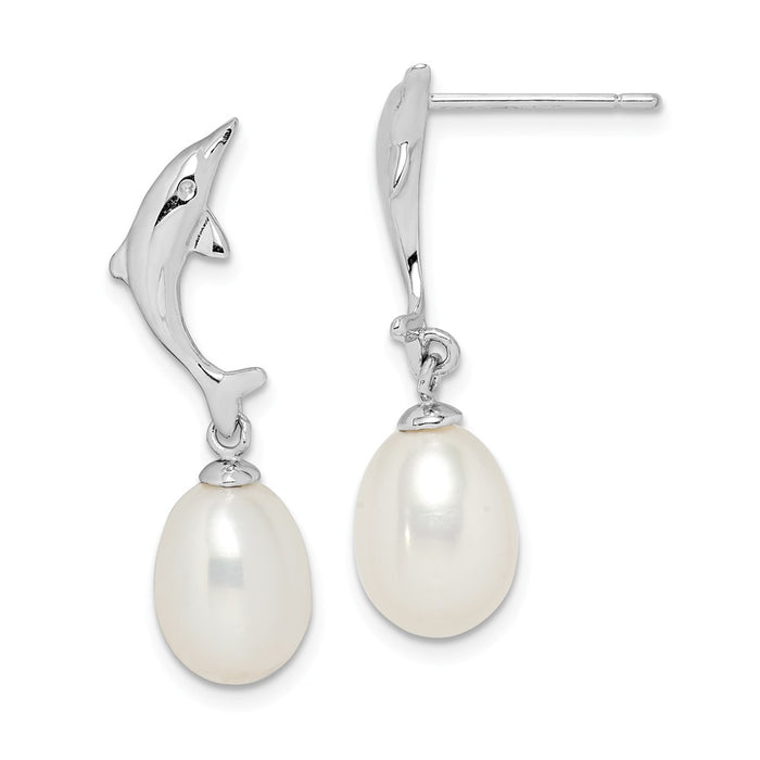 925 Sterling Silver Rhodium-Plated  7-8mm White Rice Freshwater Cultured Pearl Dolphin Earrings, 27.3mm x 7 to 8mm