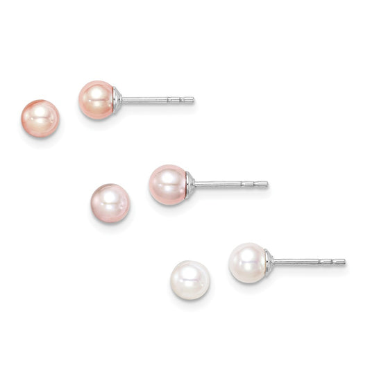 Madi K Jewelry Set - 925 Sterling Silver Madi K Rhd-pl 4-5mm Whit/Pink/Prpl Rd Freshwater Cultured Pearl Stud Earrings