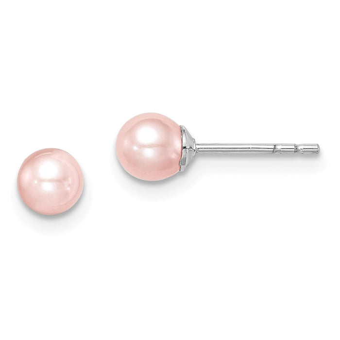 925 Sterling Silver Madi K Rhod-P 4-5mm Pink Round Freshwater Cultured Pearl Stud Earrings, 4.4mm x 4.4mm